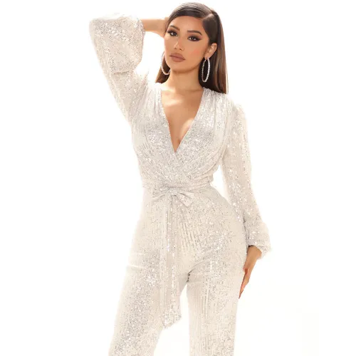 White Sequin Jumpsuit High Waist Skinny Pants Women PQ8794B