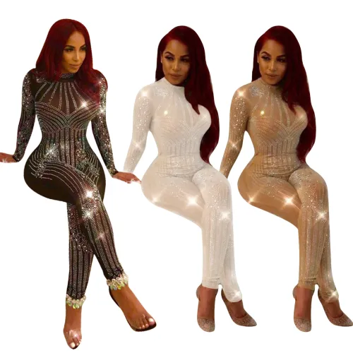 Beige Sexy Rhinestone Jumpsuit High Waist Wholesale Bodystockings Women PQ034B