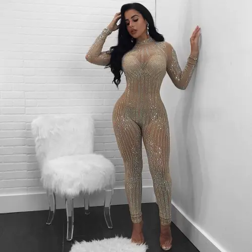 Beige Sexy Rhinestone Jumpsuit High Waist Wholesale Bodystockings Women PQ034B