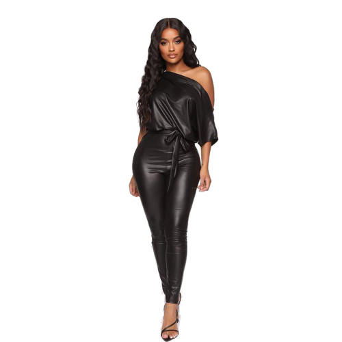 Black Faux Leather Jumpsuit Wholesale PU Streetwear Women PQ8771A