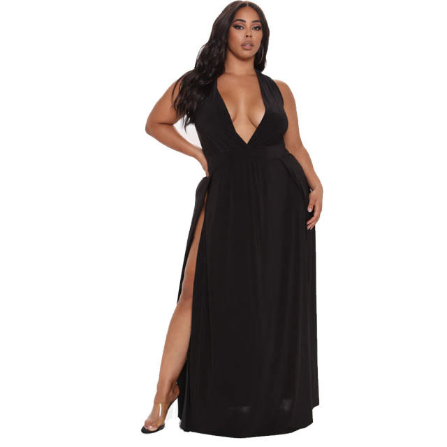 Black V-neck Maxi Dresses High Split Plus Size Casual Dress PQ8829A