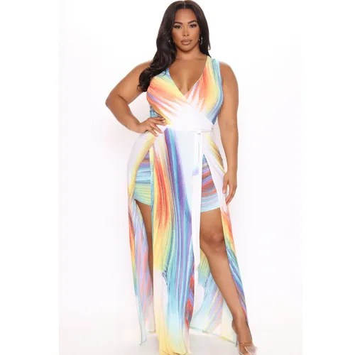 Fashion Split Maxi Dresses Printed Plus Size Casual Dress PQ4232