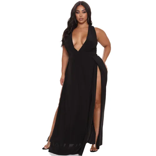 Black V-neck Maxi Dresses High Split Plus Size Casual Dress PQ8829A
