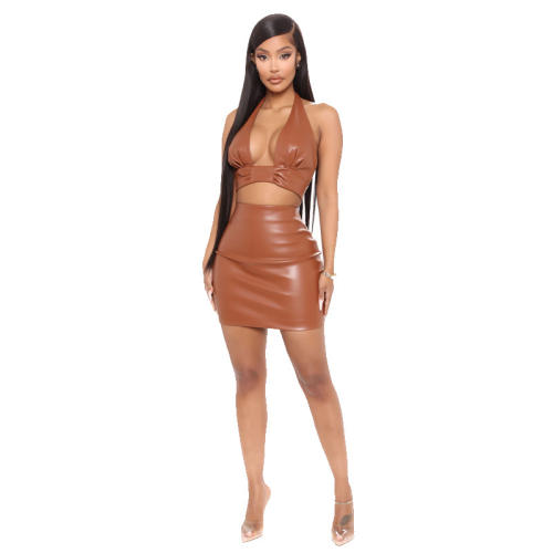 Brown Faux Leather Club Dress Women Two Pieces Dresses PQ8831