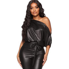 Black Faux Leather Jumpsuit Wholesale PU Streetwear Women PQ8771A