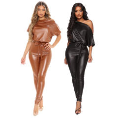 Brown Faux Leather Jumpsuit Wholesale PU Streetwear Women PQ8771B