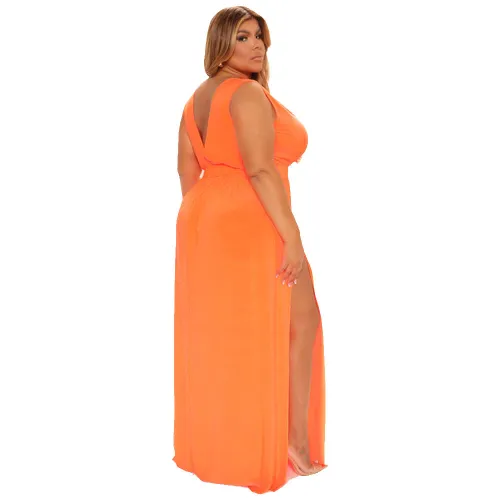 Yellow V-neck Maxi Dresses High Split Plus Size Casual Dress PQ8829B
