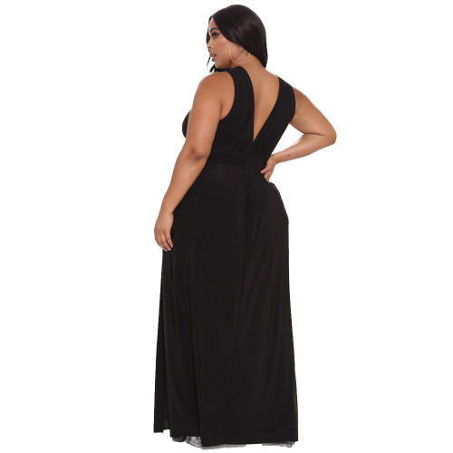 Black V-neck Maxi Dresses High Split Plus Size Casual Dress PQ8829A