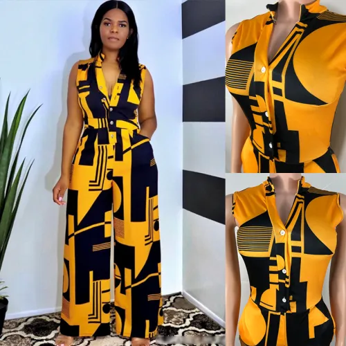 Printed V-neck Jumpsuit High Waist Wholesale Streetwear Women PQ95095