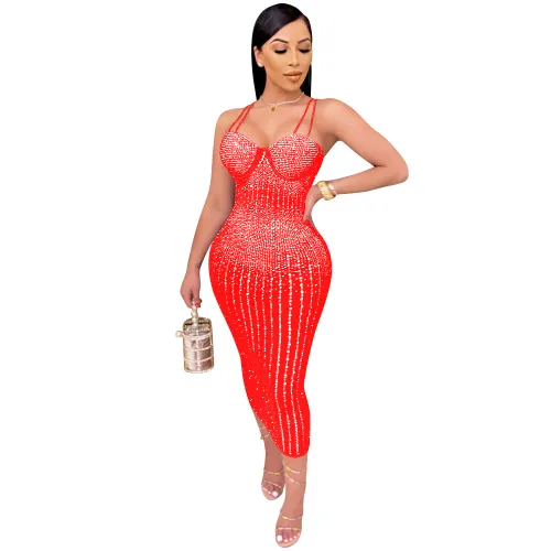 Red Plus Size Rhinestone Midi Dress Women Sequin Dresses PQ3805A