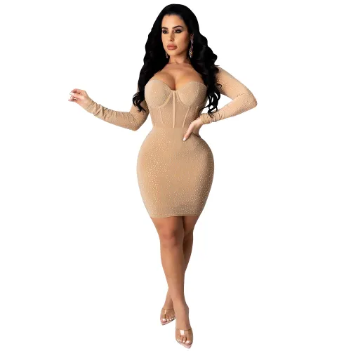 Apricot V-neck Rhinestone Bodycon Dress Women Sequin Dresses PQ3851B