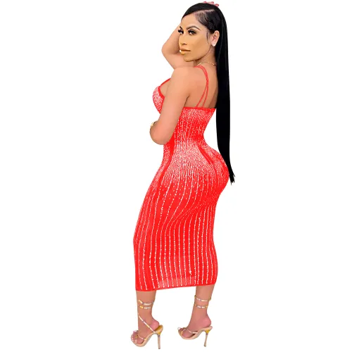 Red Plus Size Rhinestone Midi Dress Women Sequin Dresses PQ3805A