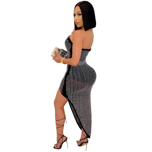 Off Shoulder Rhinestone Midi Dress Women Sequin Dresses PQ5046