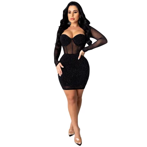 Black V-neck Rhinestone Bodycon Dress Women Sequin Dresses PQ3851A