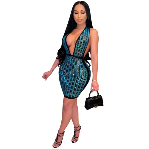 Deep V-neck Rhinestone Bodycon Dress Women Sequin Dresses PQ5081