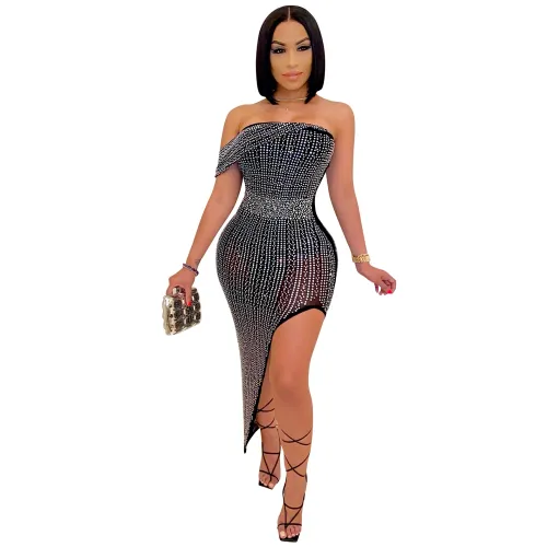 Off Shoulder Rhinestone Midi Dress Women Sequin Dresses PQ5046