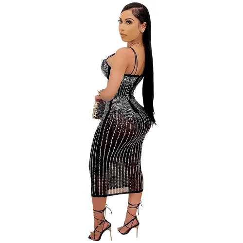 Black Plus Size Rhinestone Midi Dress Women Sequin Dresses PQ3805B