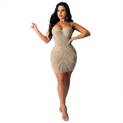 Apricot Sequin Dresses For Women Rhinestone Bodycon Dress PQ5074B