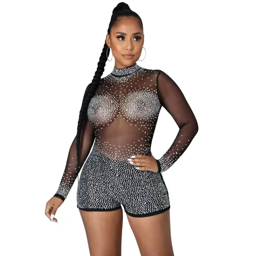 Black Long Sleeve Rhinestone Bodysuit Women Sequin Jumpsuit PQ5165