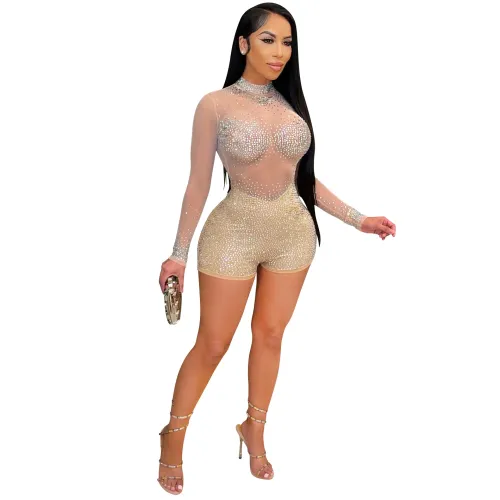 Black Long Sleeve Rhinestone Bodysuit Women Sequin Jumpsuit PQ5165