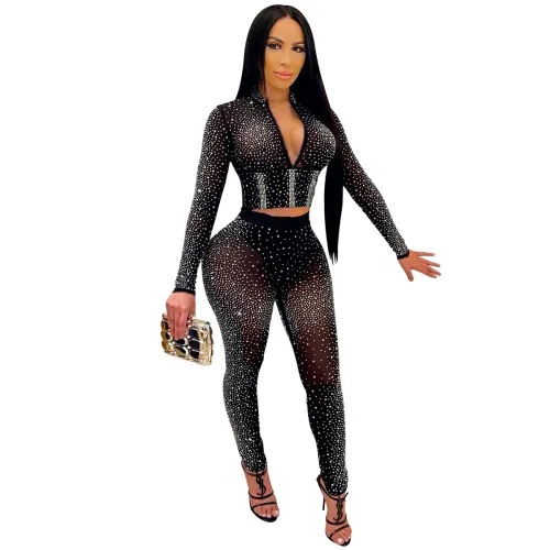Black Rhinestone Two Pieces Sets Women Sequin Jumpsuit PQ5206