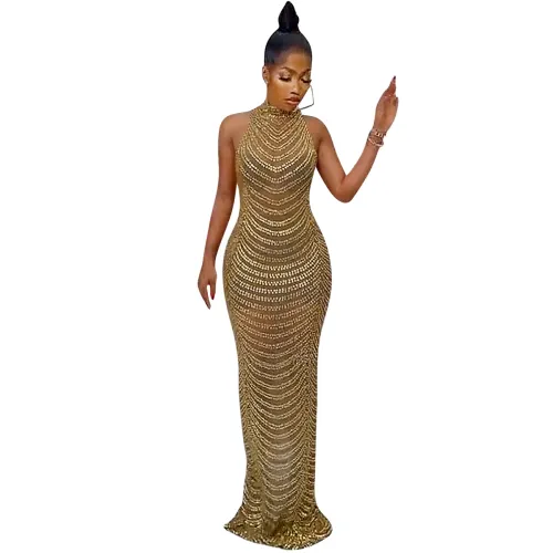 Gold Halter Rhinestone Evening Dress Sequin Cocktail Dresses PQ5259A