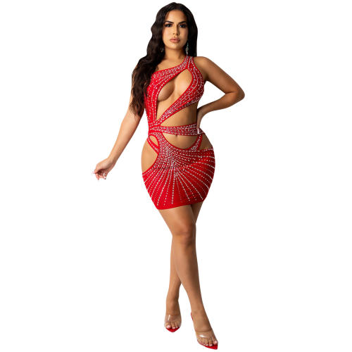 Wholesale Red Sequin Dresses Hollow Out Rhinestone Bodycon Dress PQ5283C