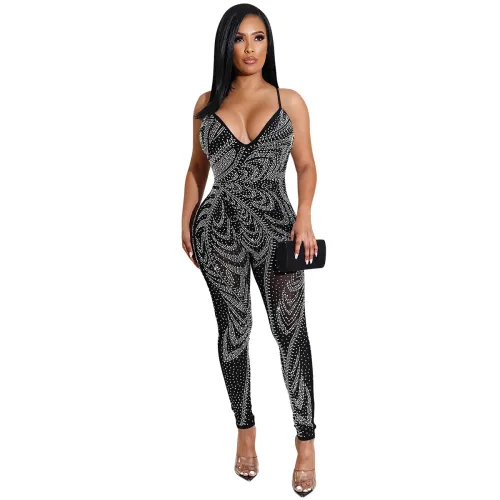 Sleeveless Rhinestone Bodysuit Women Sequin Jumpsuit PQ51280