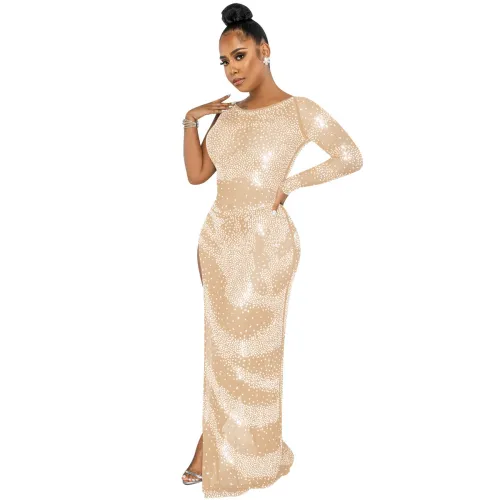Apricot High Split Rhinestone Cocktail Dresses Sequin Evening Dress PQ5622B
