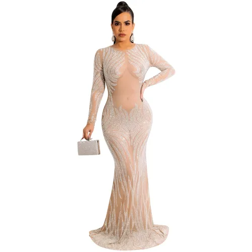 Apricot Floor Length Rhinestone Cocktail Dresses Sequin Evening Dress PQ5606B