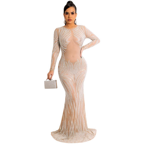 Apricot Floor Length Rhinestone Cocktail Dresses Sequin Evening Dress PQ5606B