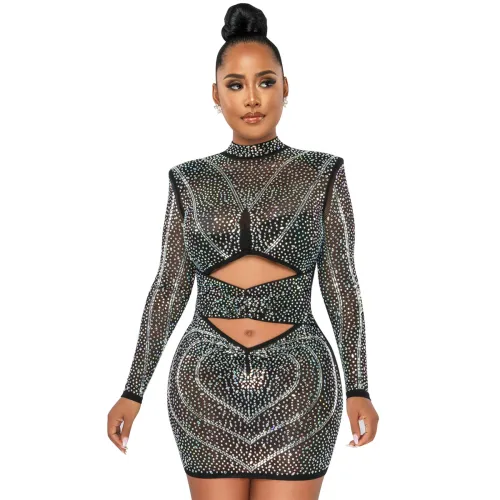 Black Wholesale Sequin Sexy Mini Dresses Rhinestone Hollow Club Dress PQ5572A