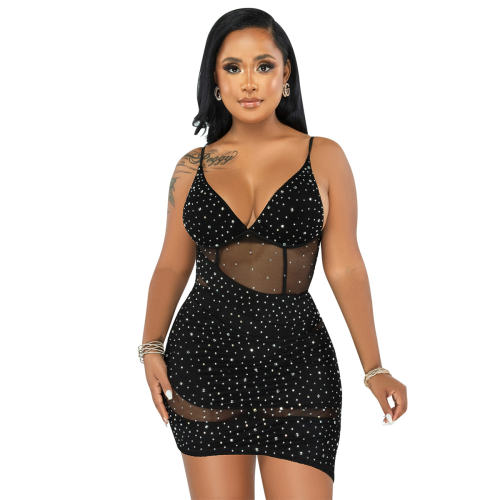 Black Sequin Sexy Mini Dresses Rhinestone Mesh Club Dress PQ5575A