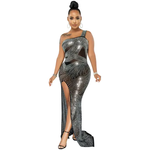 Black One Shoulder Rhinestone Cocktail Dresses Sequin Evening Dress PQ5563