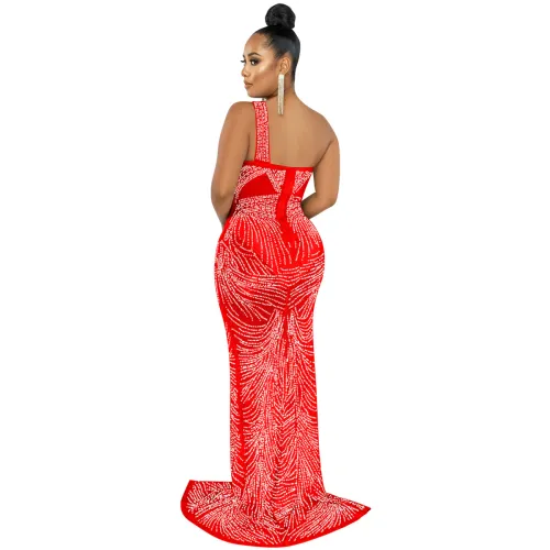 Red One Shoulder Rhinestone Cocktail Dresses Sequin Evening Dress PQ5563