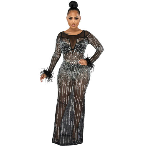 Rhinestone Cocktail Dresses Long Sleeve Sequin Evening Dress PQ5605