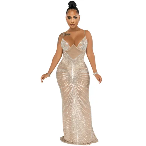 Apricot Rhinestone Cocktail Dresses Floor Length Sequin Evening Dress PQ5618B
