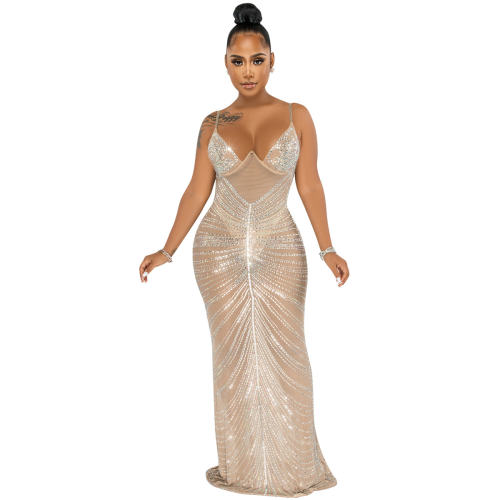 Apricot Rhinestone Cocktail Dresses Floor Length Sequin Evening Dress PQ5618B