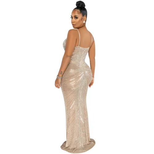 Apricot Rhinestone Cocktail Dresses Floor Length Sequin Evening Dress PQ5618B