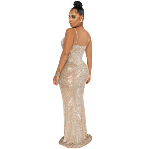 Apricot Rhinestone Cocktail Dresses Floor Length Sequin Evening Dress PQ5618B
