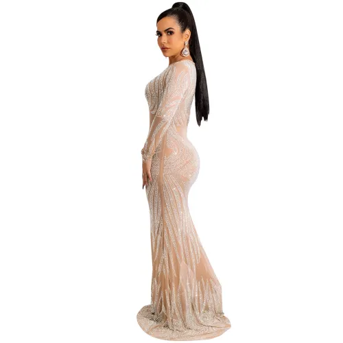Apricot Floor Length Rhinestone Cocktail Dresses Sequin Evening Dress PQ5606B