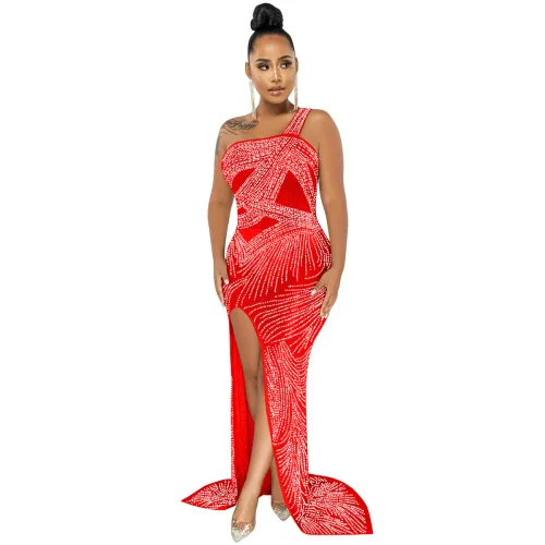 Red One Shoulder Rhinestone Cocktail Dresses Sequin Evening Dress PQ5563