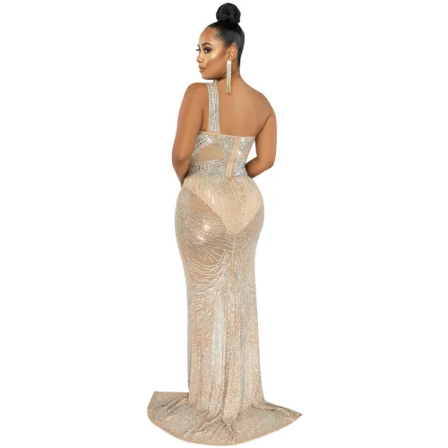 Apricot One Shoulder Rhinestone Cocktail Dresses Sequin Evening Dress PQ5563
