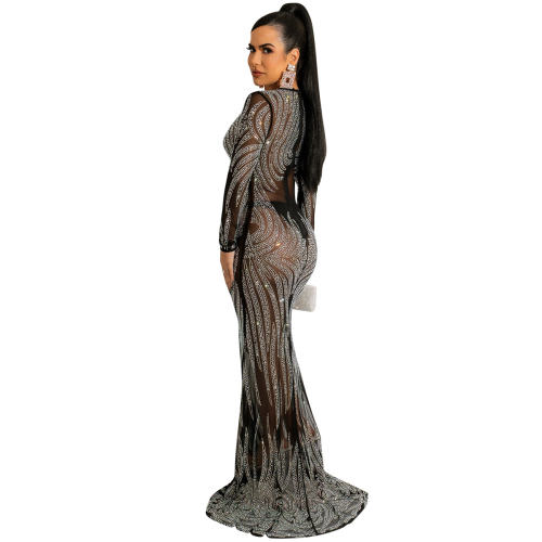 Black Floor Length Rhinestone Cocktail Dresses Sequin Evening Dress PQ5606A