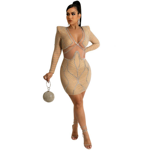 Apricot Mesh Patchwork Sequin Sexy Mini Dresses Rhinestone Club Dress PQ5656B