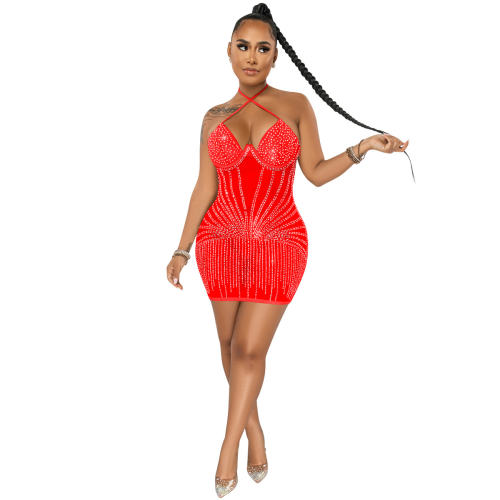 Red Sequin Sexy Mini Dresses Halter Rhinestone Club Dress PQ5653C