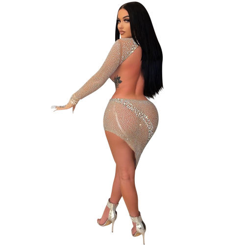 Sequin Sexy Hole Mini Dresses Halter Rhinestone Club Dress PQ5762