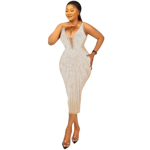 Wholesale V-neck Sequin Sexy Midi Dresses Rhinestone Bodycon Dress PQ5808