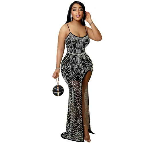 Sexy Sequin Evening Dress High Split Rhinestone Cocktail Dresses PQ5730