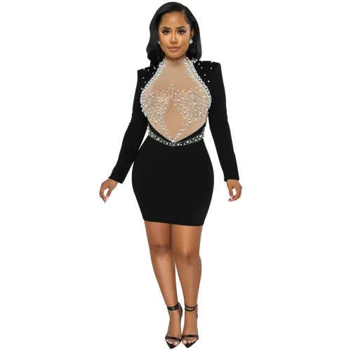 Black Sequin Sexy Mini Dresses Halter Rhinestone Formal Dress PQ5681A